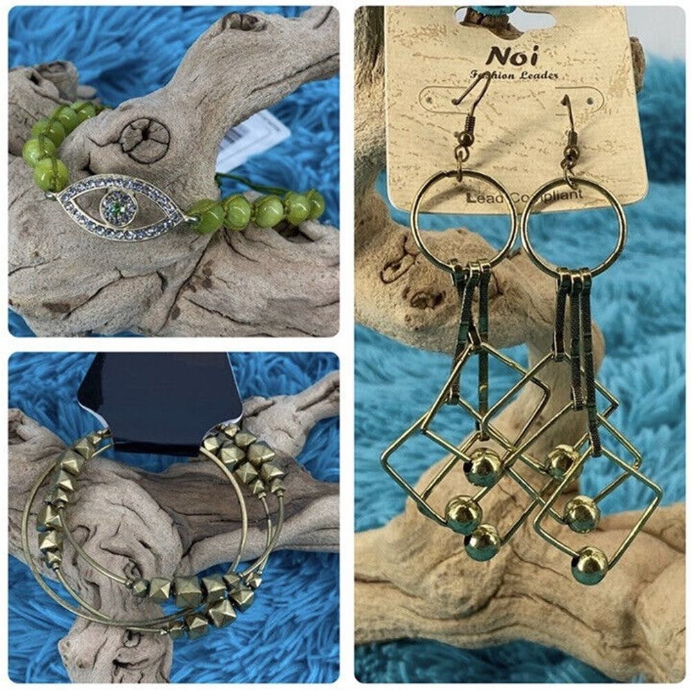 3 pc gold earring & bangles evil eye bracelet lot Green, Dangling, Antique Gold